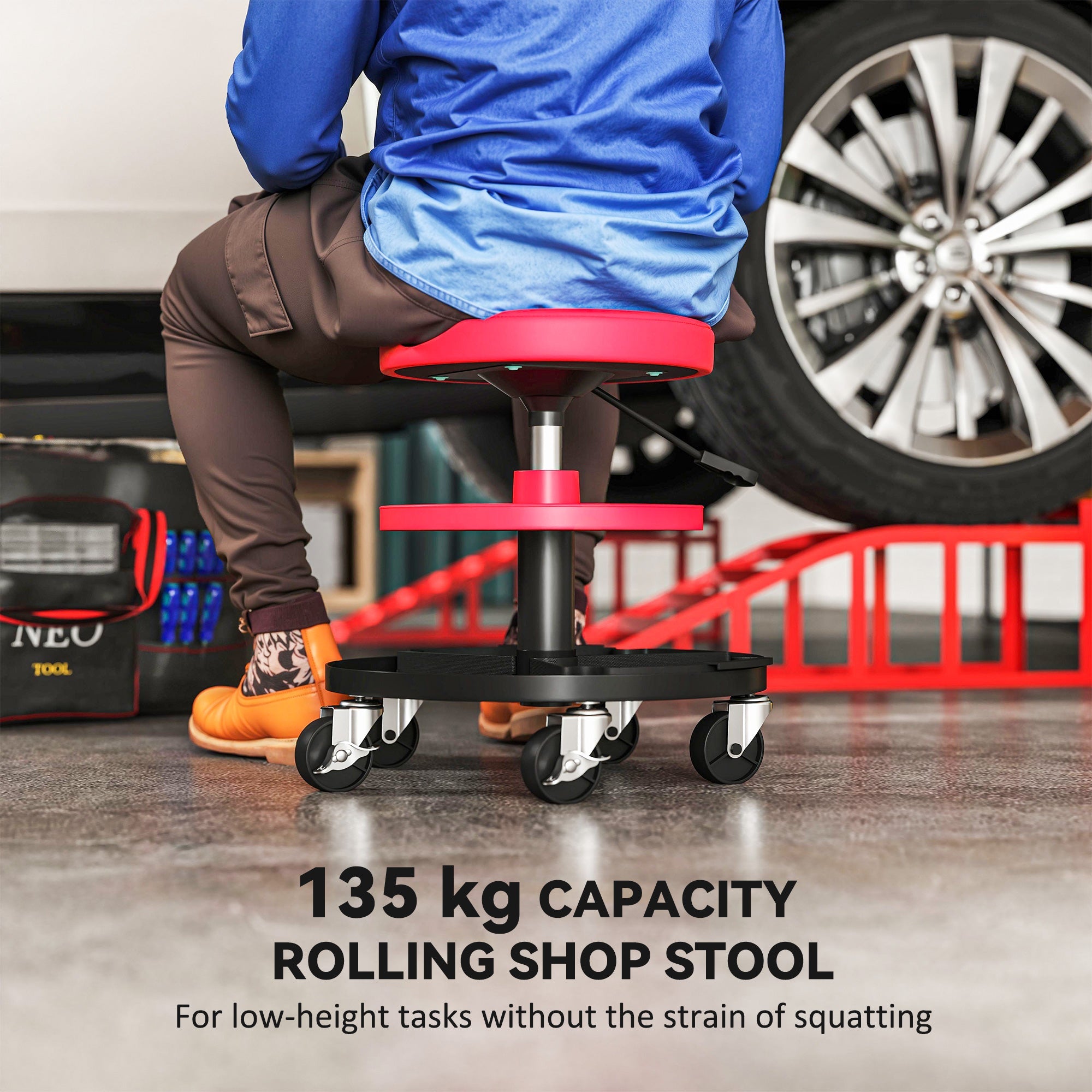 Red and black homcom workshop stool with pneumatic height adjustment and 135 kg capacity for low-height tasks