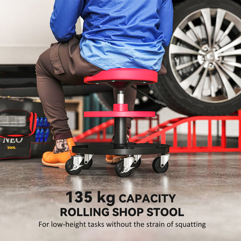 Red and black homcom workshop stool with pneumatic height adjustment and 135 kg capacity for low-height tasks
