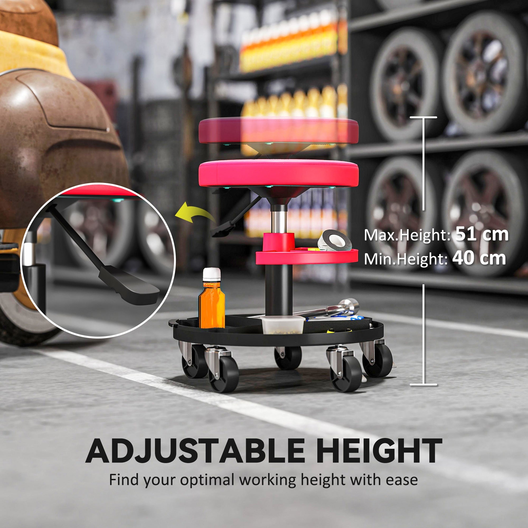 Red and black HOMCOM rolling mechanic workshop stool with pneumatic height adjustment and tool tray on wheels