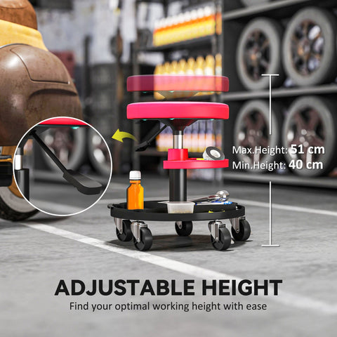Red and black HOMCOM rolling mechanic workshop stool with pneumatic height adjustment and tool tray on wheels