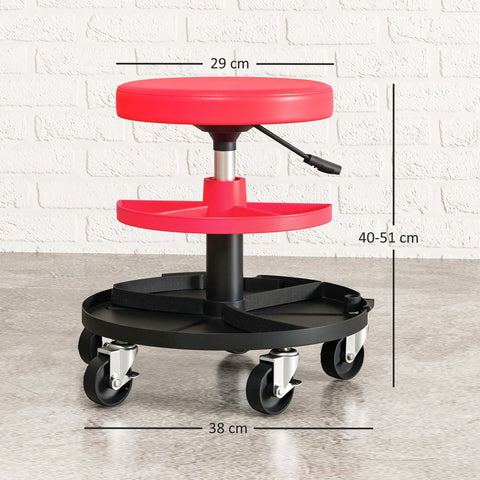Red padded workshop stool with pneumatic height adjustment black base wheels 360 swivel tool trays for garage use