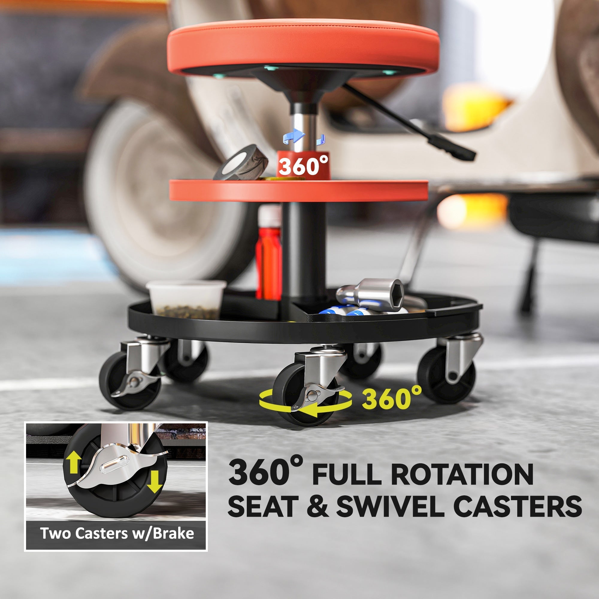 Red padded rolling workshop stool with black base wheels dual-tier tool storage and pneumatic height adjustment