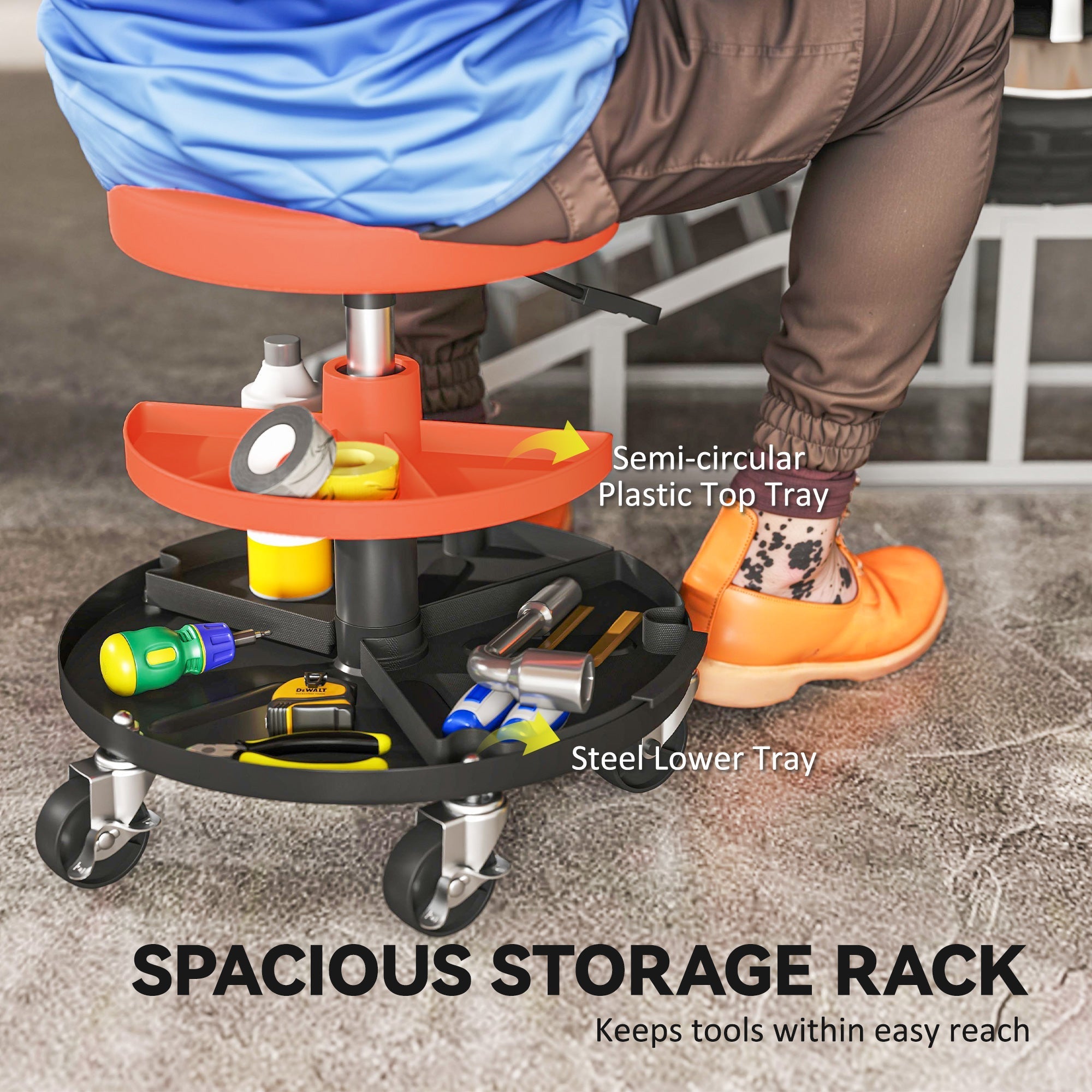 Orange and black homcom rolling workshop stool with three-tier tool trays steel and plastic build for garage use
