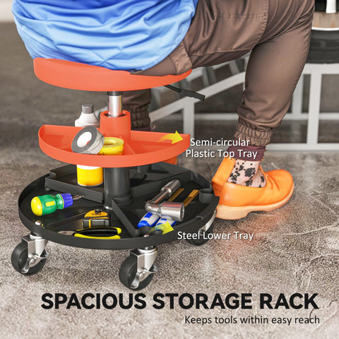 Orange and black homcom rolling workshop stool with three-tier tool trays steel and plastic build for garage use