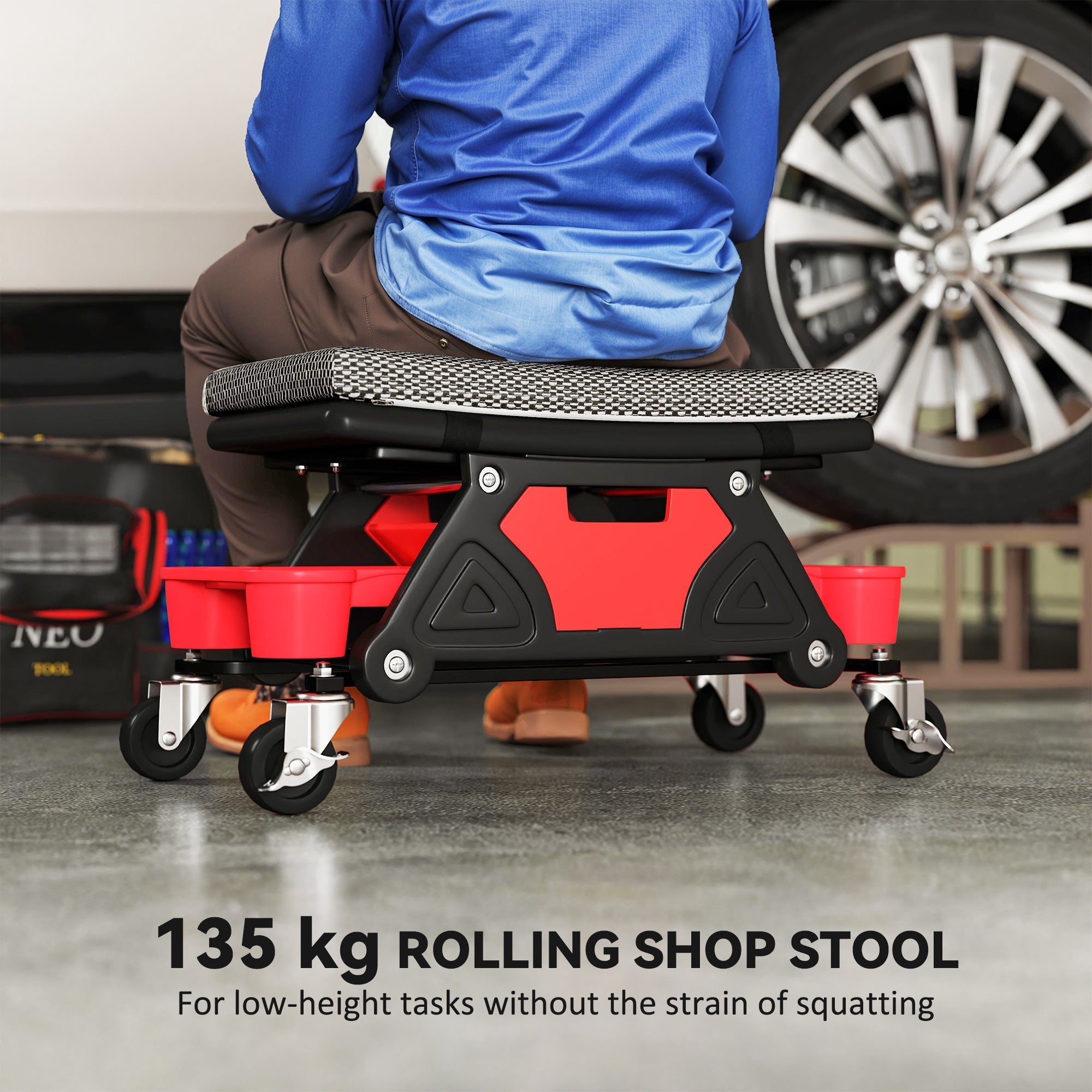 Homcom rolling mechanic stool with textured gray seat red and black frame two storage trays and rubber casters for garage use