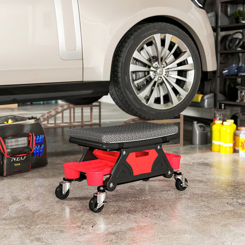 Homcom rolling mechanic stool with textured gray cushion black red frame two storage trays and rubber casters for garage use