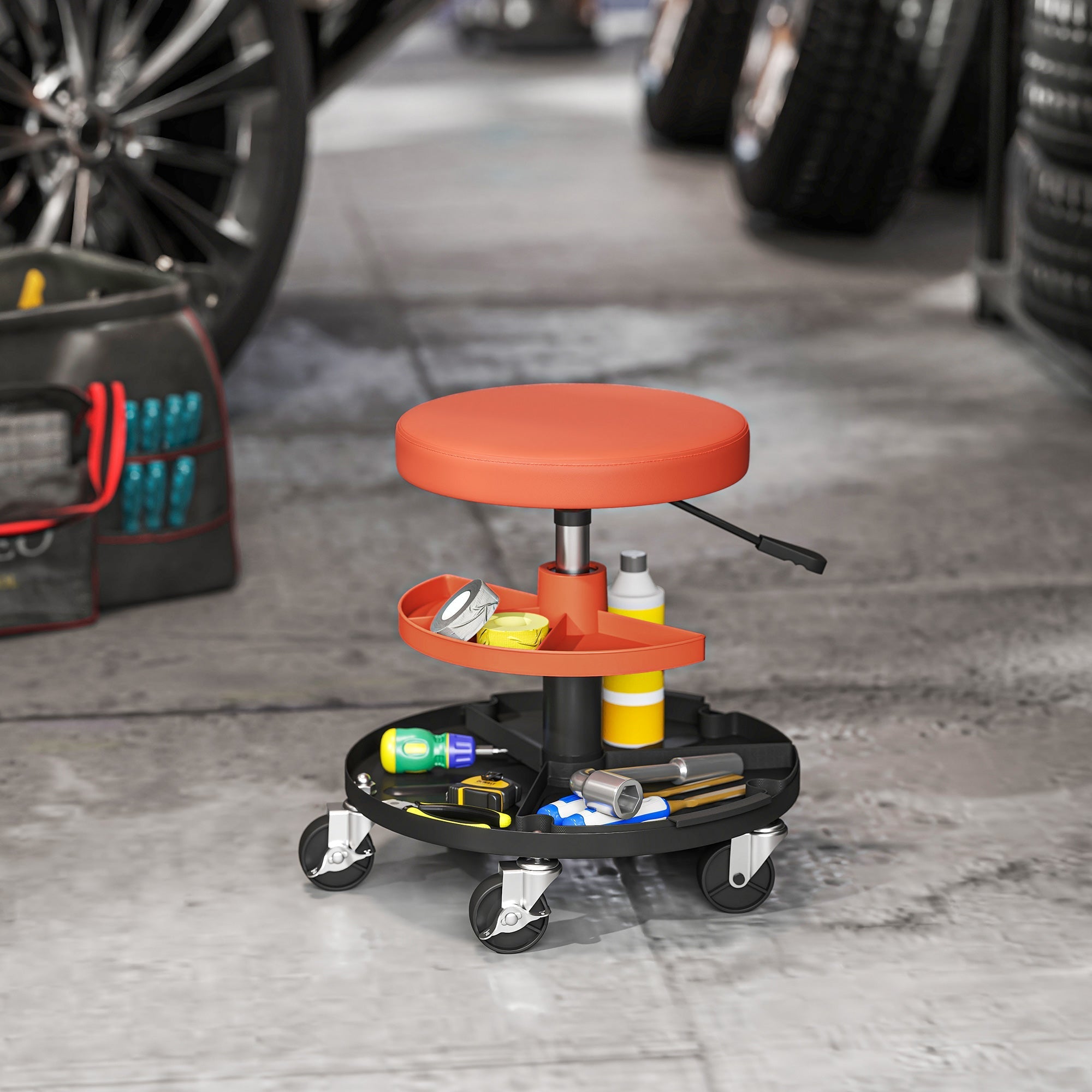 Orange homcom rolling mechanic workshop stool with black wheels pneumatic height adjustment and tiered storage shelves