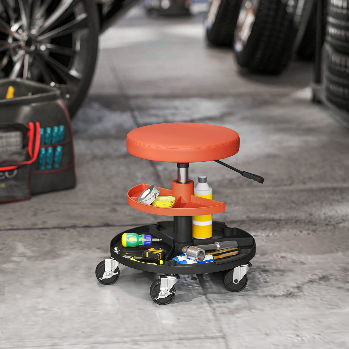 Orange homcom rolling mechanic workshop stool with black wheels pneumatic height adjustment and tiered storage shelves