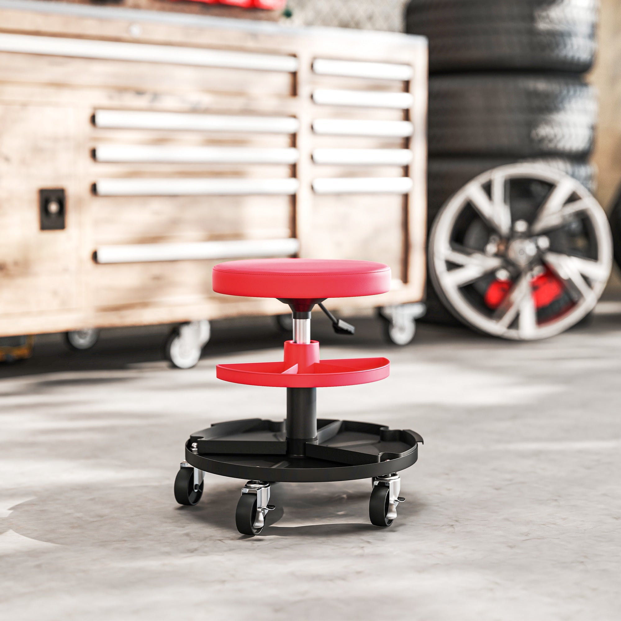 Red and black homcom rolling mechanic workshop stool with pneumatic height adjustment, caster wheels, and tool storage shelf