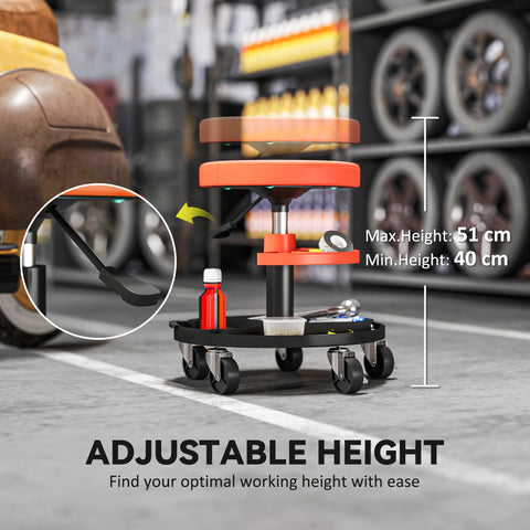 Orange and black homcom workshop stool with pneumatic height adjustment wheels storage trays and 360 swivel seat