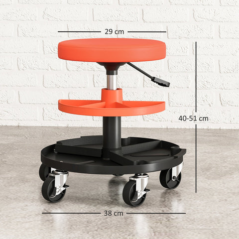 Orange padded HOMCOM workshop stool with pneumatic height adjustment, black wheeled base, and integrated tool tray for garage use