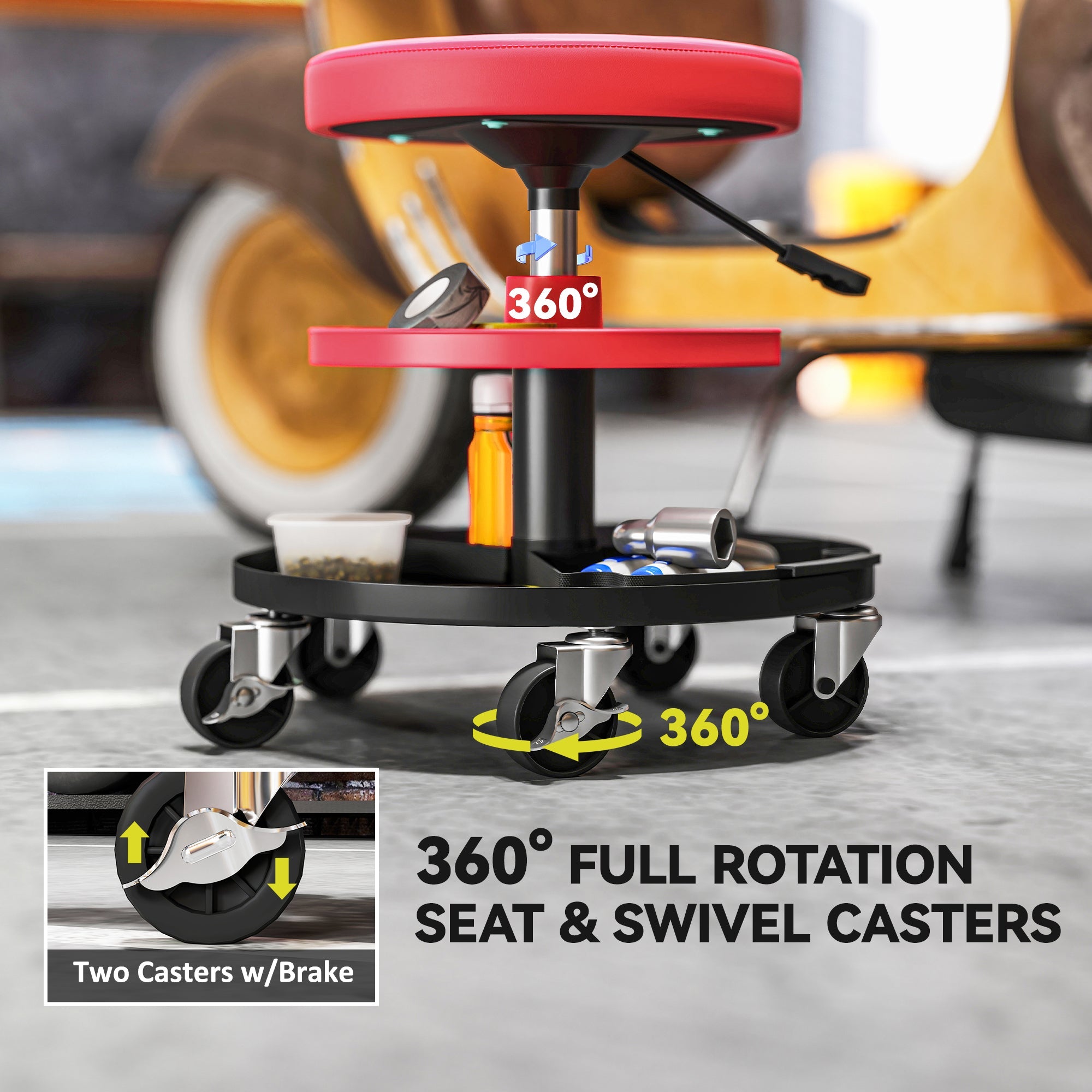 Red padded workshop stool with black metal frame swivel casters and pneumatic height adjustment for garage use