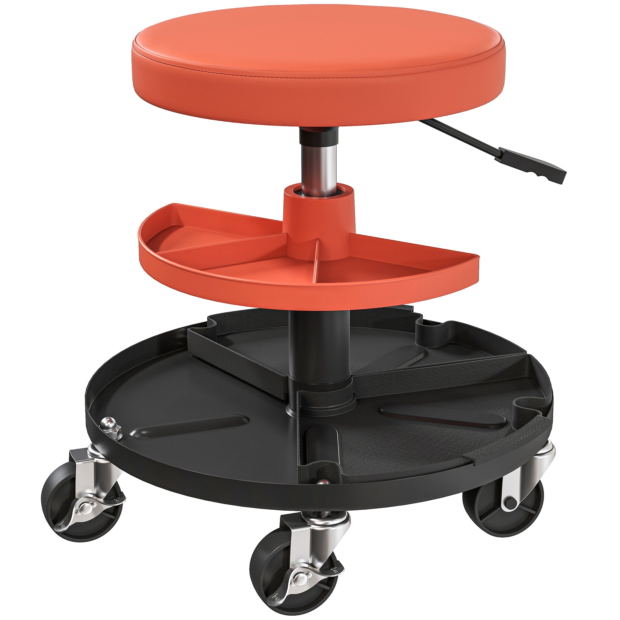 Orange padded workshop stool with black tray wheels pneumatic height adjustment and 135kg capacity for garage use