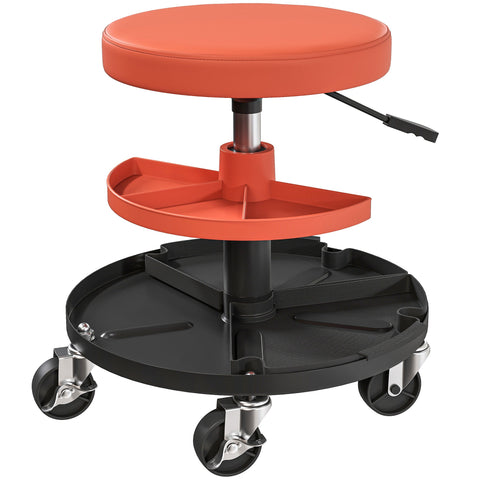 Orange padded workshop stool with black tray wheels pneumatic height adjustment and 135kg capacity for garage use