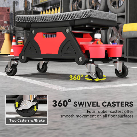 Homcom rolling mechanic stool in red and black with padded seat, rubber casters, two storage trays, and 360 swivel