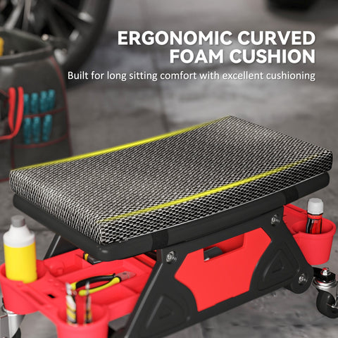 Red and black homcom rolling mechanic stool with ergonomic foam seat, rubber casters, and two storage trays for garage use