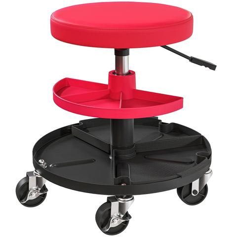 Red padded homcom workshop stool with pneumatic height adjustment swivel wheels and integrated tool storage tray