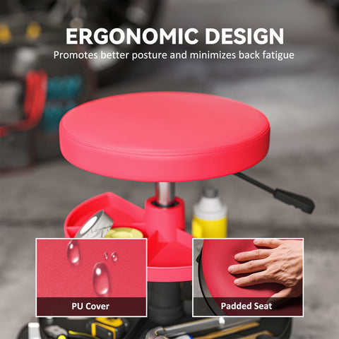 Bright red pu-covered homcom workshop stool with pneumatic height adjustment padded seat and wheels for garage use
