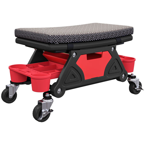 Red and black rolling mechanic stool with textured gray cushioned seat, two storage trays, and rubber casters for garage use