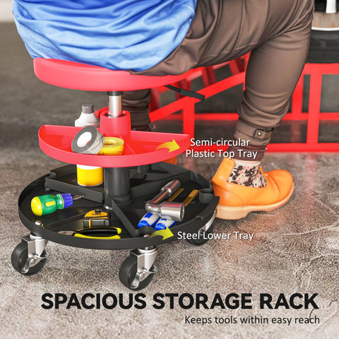 Red and black multi-tiered rolling workshop stool with steel trays and pneumatic height adjustment for garage use