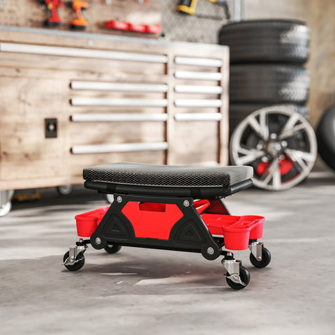 Red and black HOMCOM rolling mechanic stool with textured seat, rubber casters, two storage trays for workshop use