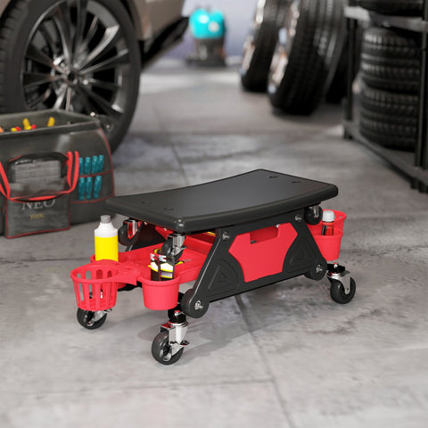 Red and black adjustable mechanic stool with concave seat storage trays casters and integrated baskets for workshop use
