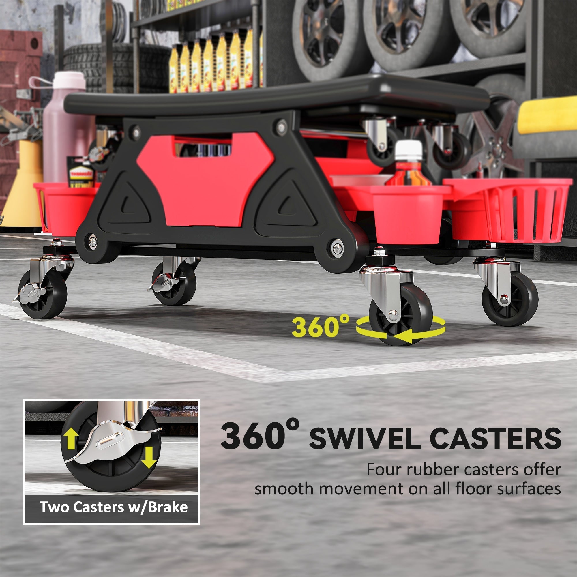Red and black plastic mechanic stool with concave seat, storage trays, and 360 degree swivel wheels for workshop use