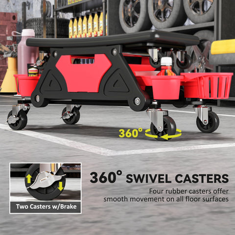 Red and black plastic mechanic stool with concave seat, storage trays, and 360 degree swivel wheels for workshop use