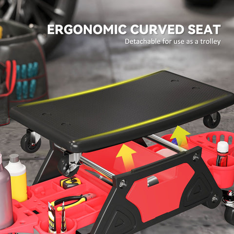 Red and black HOMCOM rolling mechanic stool with concave seat, storage trays, and detachable wheels for workshop use