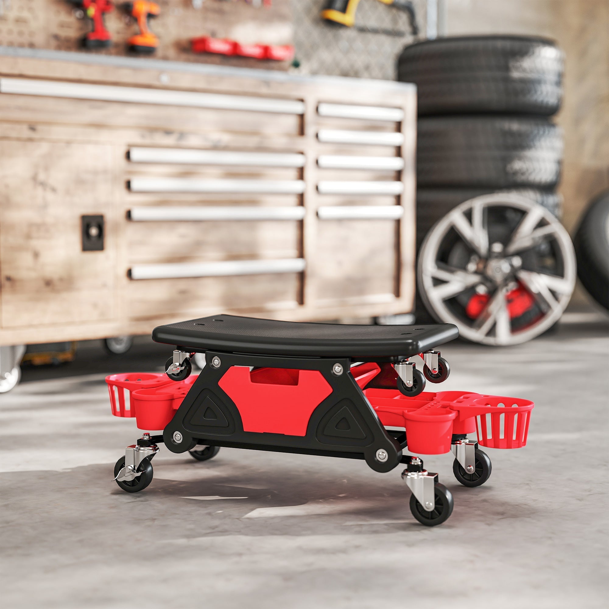 Red and black homcom mechanic stool with concave seat 360 swivel wheels and storage trays for garage use