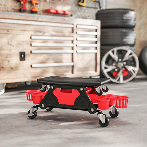 Red and black homcom mechanic stool with concave seat 360 swivel wheels and storage trays for garage use