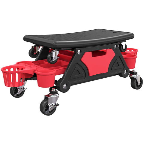 Red and black homcom rolling mechanic stool with concave seat storage trays and casters for garage use