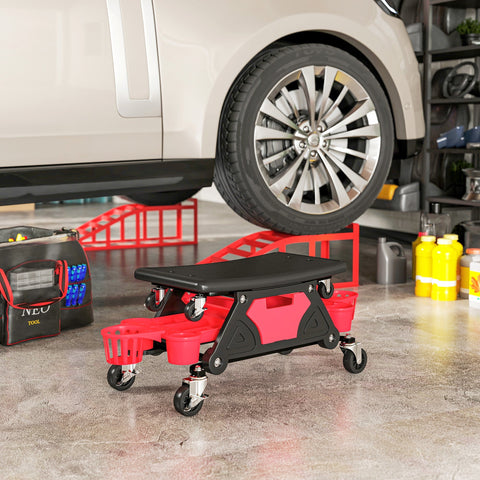 Red and black HOMCOM rolling mechanic stool with concave seat and storage trays for garage and auto repair use