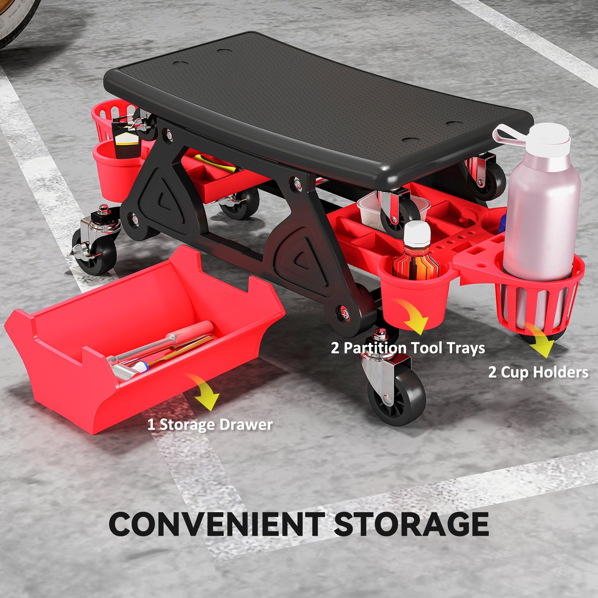Red and black mechanic stool with concave seat, rolling wheels, storage trays, and cup holders for garage use