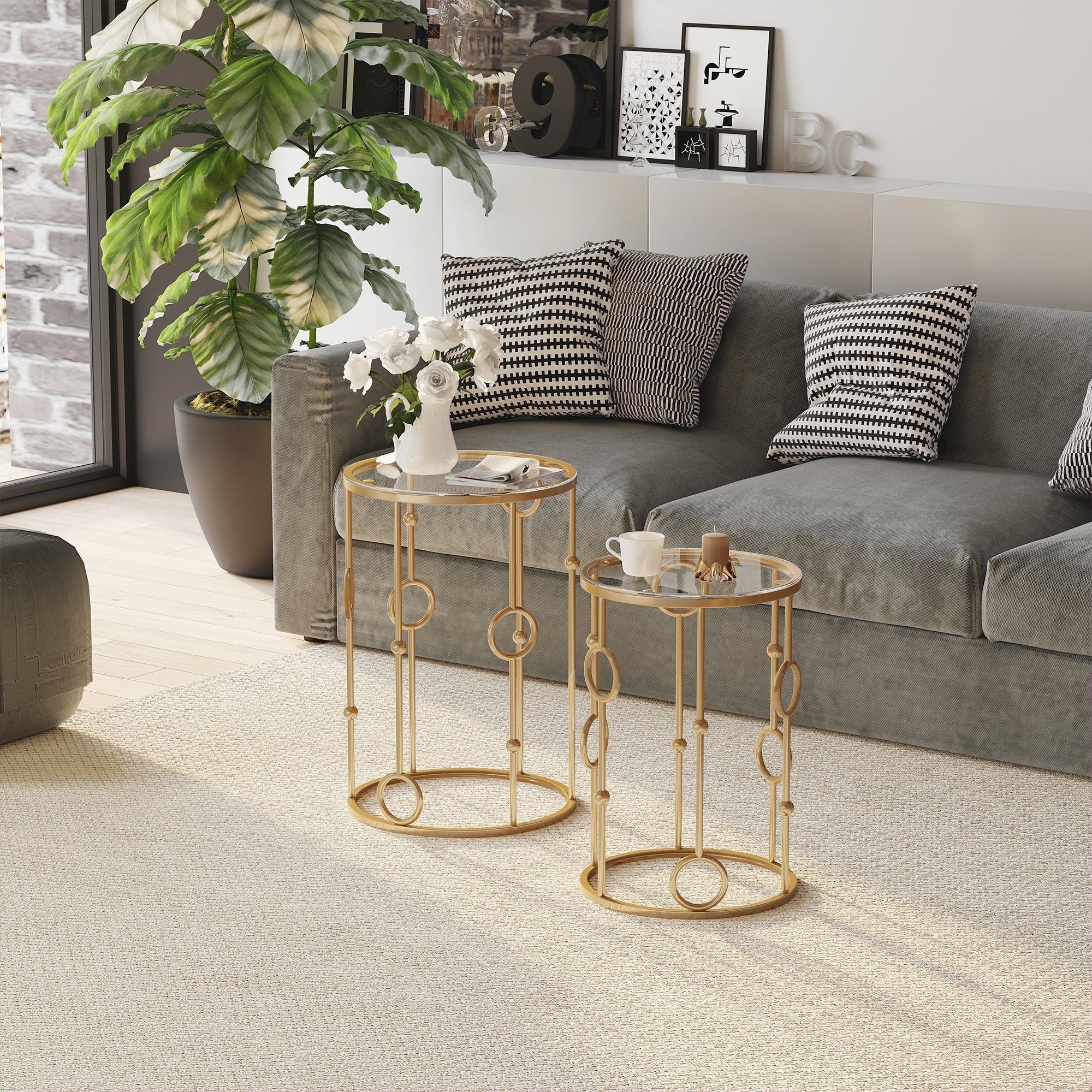 Homcom gold metal side tables set of 2 with tempered glass tops and cool hoop ball design for living room