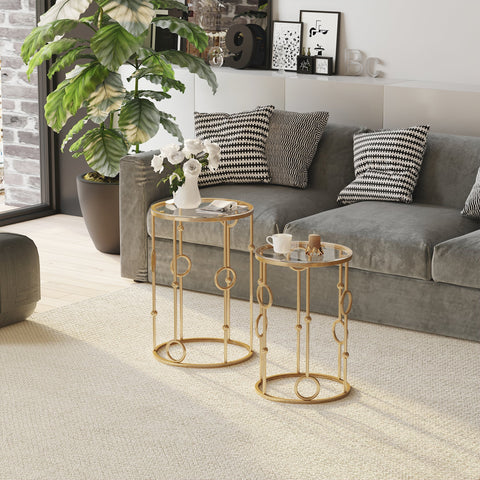 Homcom gold metal side tables set of 2 with tempered glass tops and cool hoop ball design for living room