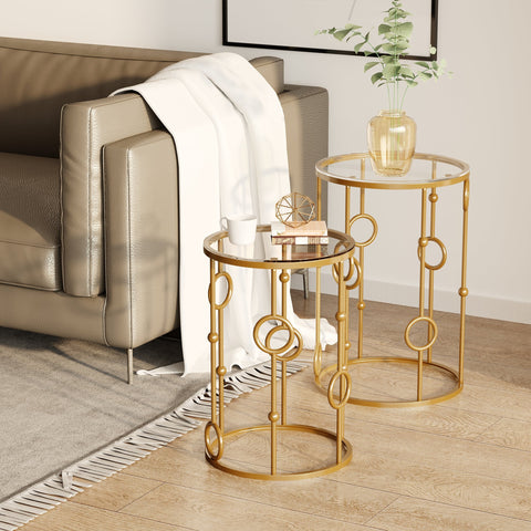 Homcom gold nesting side tables set of 2 with tempered glass tops steel frame and cool hoop ball design for living room