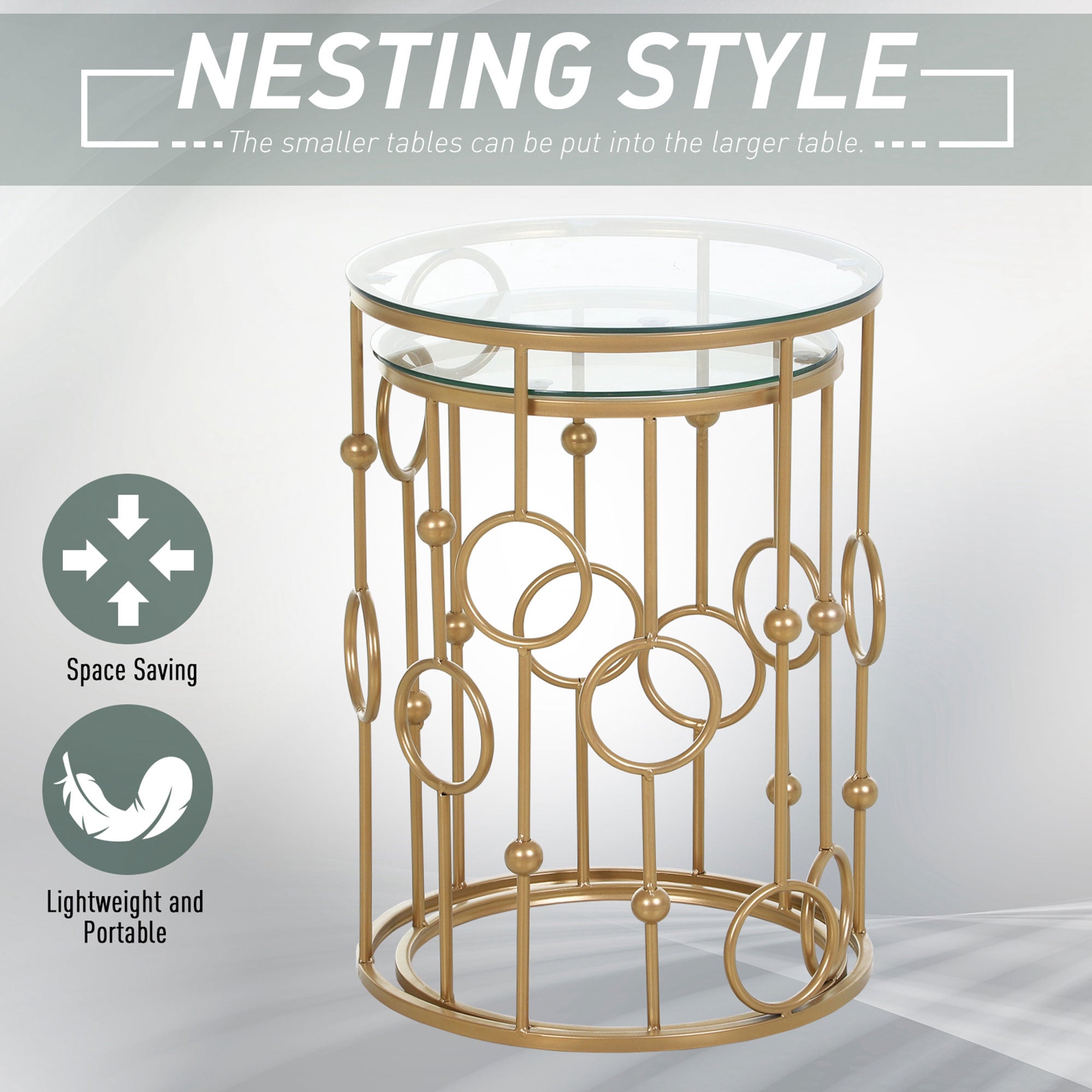 Homcom gold nesting side tables with tempered glass top and steel frame featuring cool hoop ball design