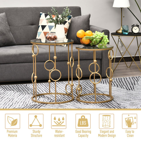 Gold homcom nesting side tables set of 2 with tempered glass tops steel frame and cool hoop ball design accents