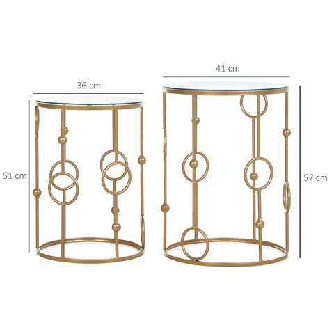 Homcom gold side tables set of 2 with tempered glass tops cool hoop and ball design steel frame for living room