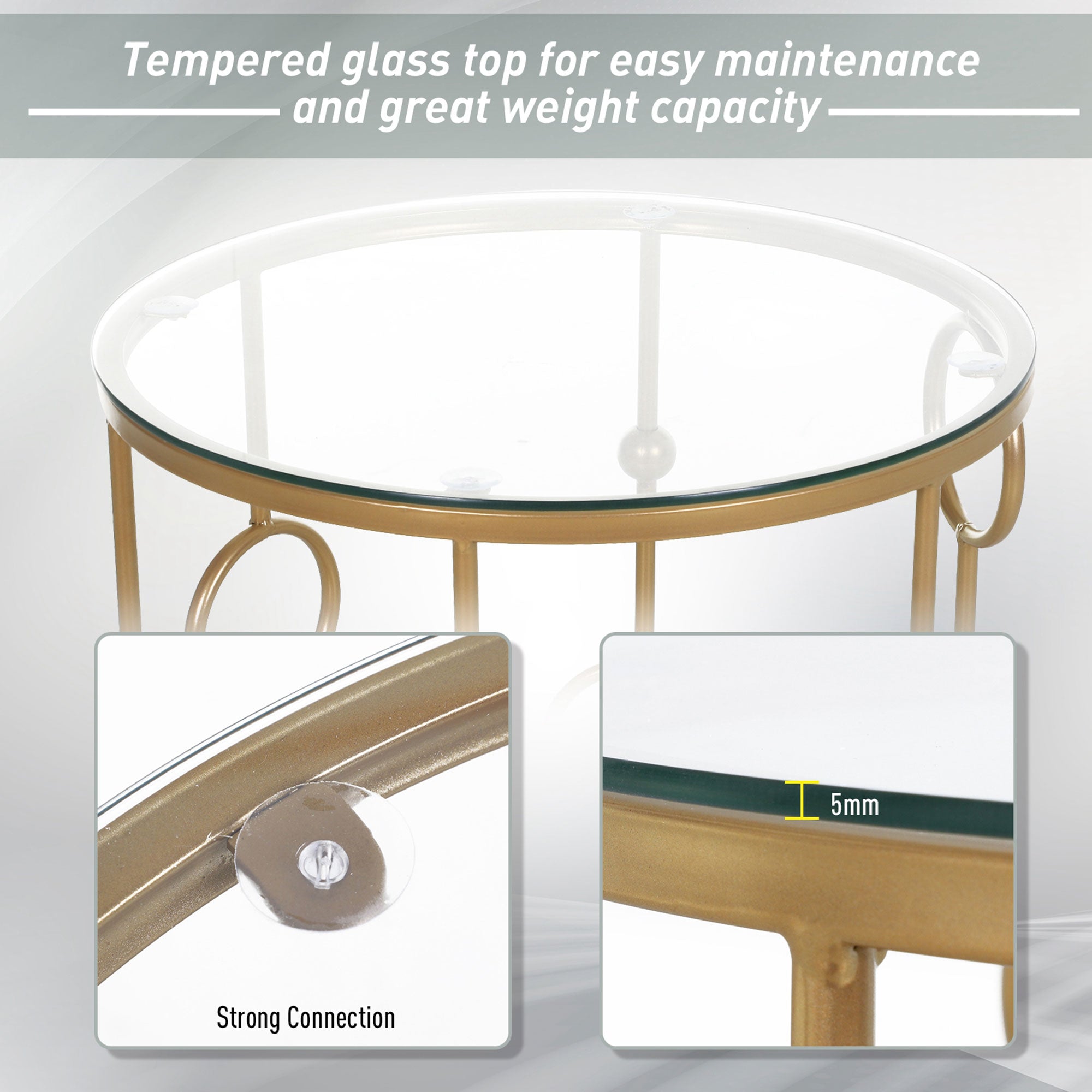 Gold-toned metal coffee table with clear tempered glass top featuring cool hoop and ball design for living room use