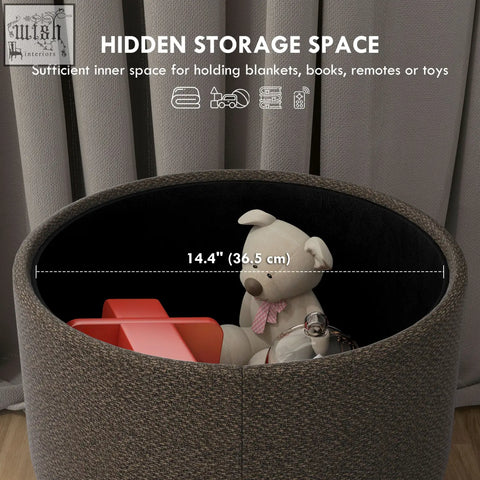 Gray linen fabric upholstered storage ottoman with wooden legs and black interior for blankets and toys storage