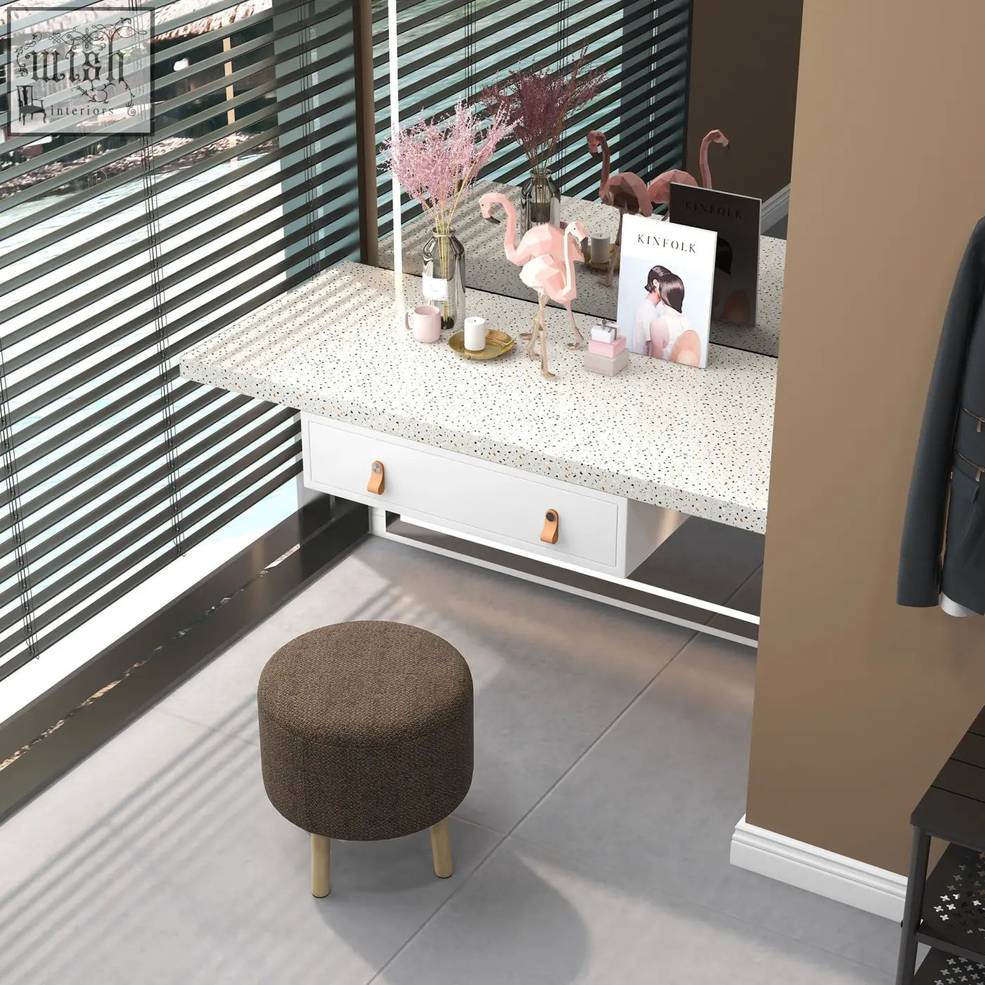 White vanity table with speckled countertop and wooden drawer pulls next to homcom linen fabric upholstered storage ottoman with wooden legs