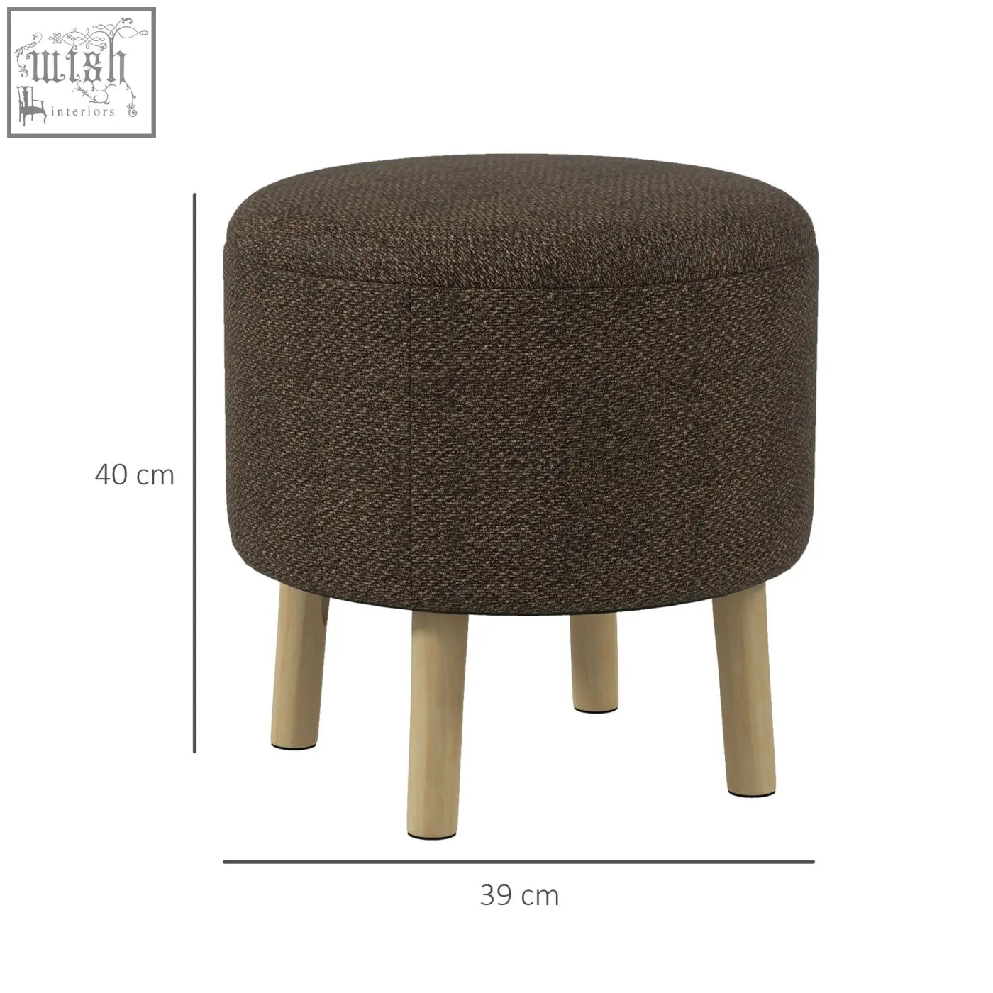 Brown linen fabric upholstered round storage ottoman with padded seat and wooden legs by HOMCOM
