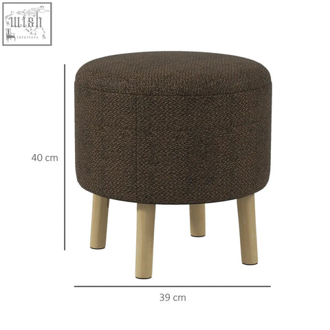 Brown linen fabric upholstered round storage ottoman with padded seat and wooden legs by HOMCOM