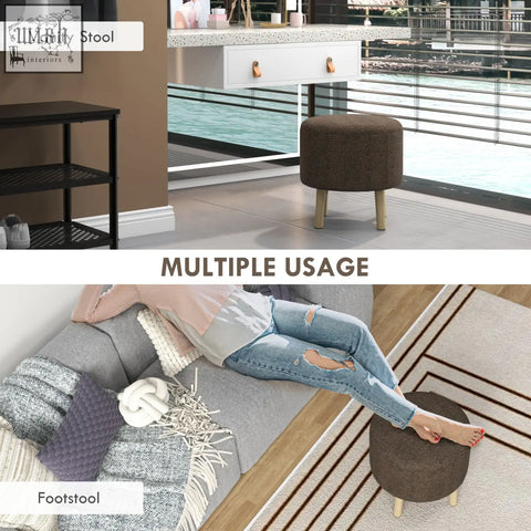 Brown linen fabric upholstered storage ottoman with padded seat and wooden legs for bedroom or vanity use