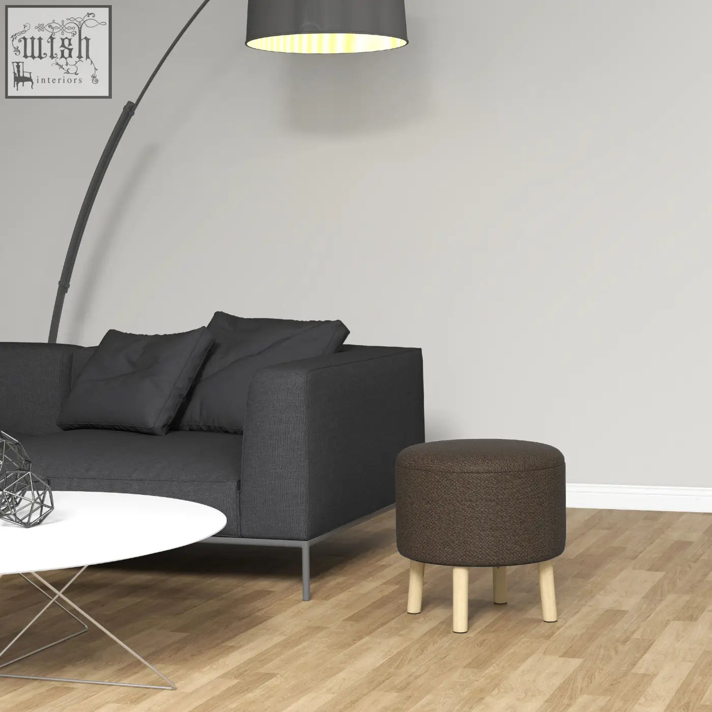 Brown round storage ottoman with linen fabric upholstered seat and light wooden legs for extra storage and comfort