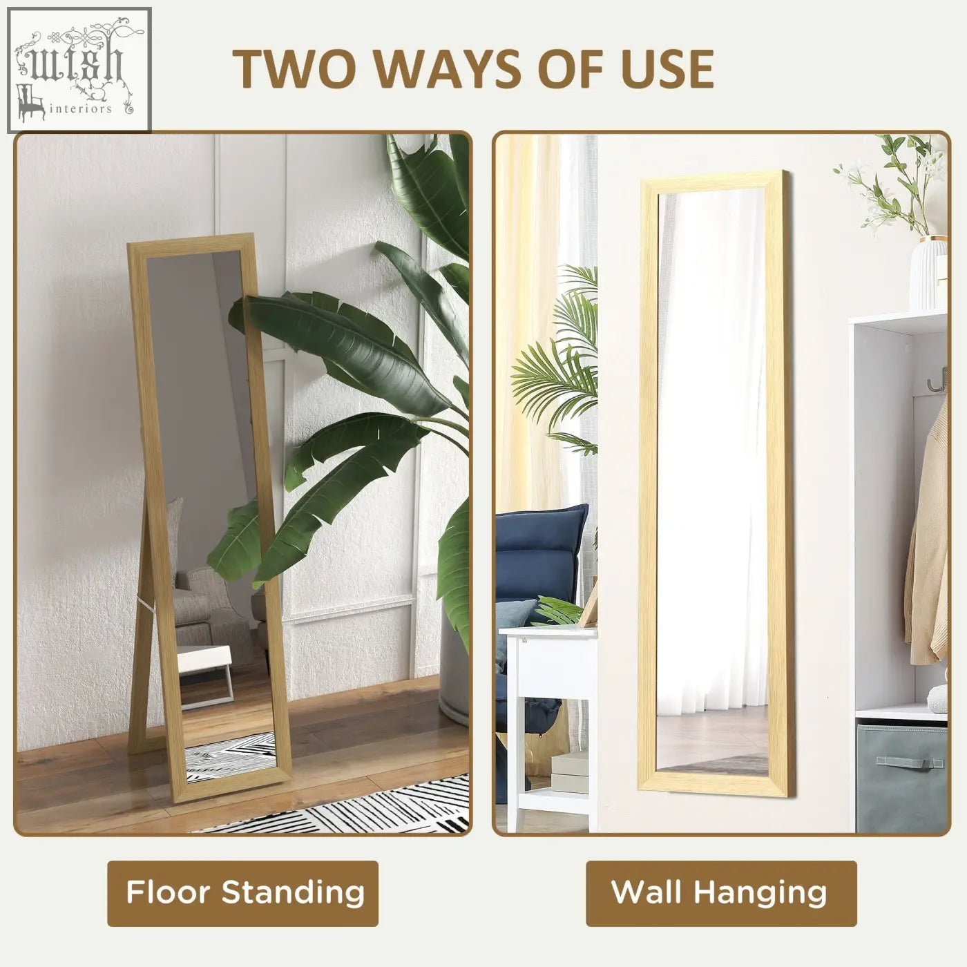 Homcom rustic full length mirror with gold mdf frame, floor mirror and wall-hanging for living room or bedroom use