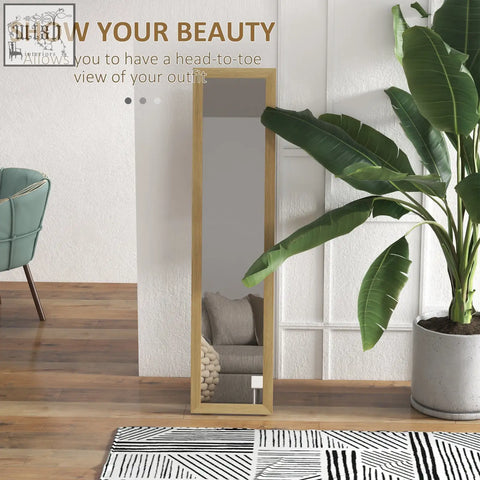 A homcom rustic full length mirror with mdf frame and natural light wood finish stands against a white wall as a floor mirror
