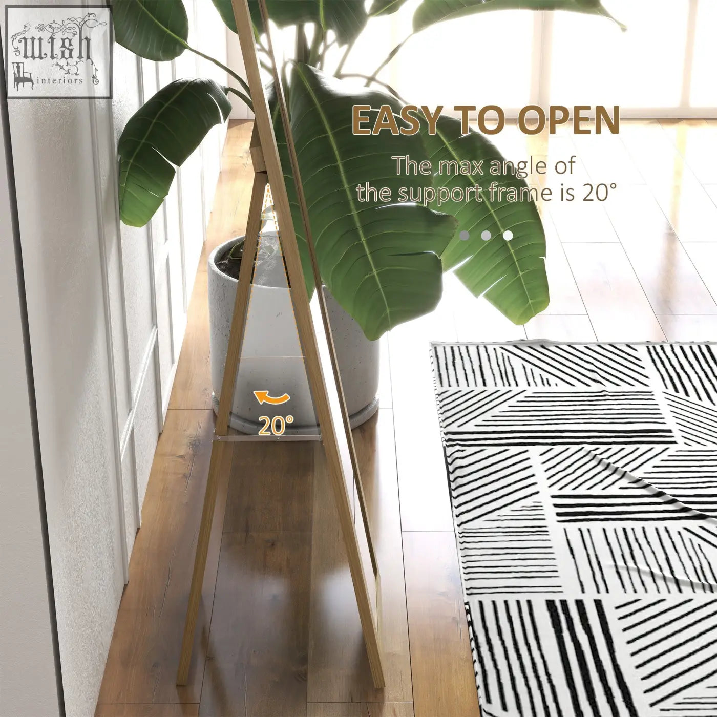 Light wood a-frame easel with 20-degree max opening angle for standing farmhouse style mdf frame floor mirror 157 cm length mirror